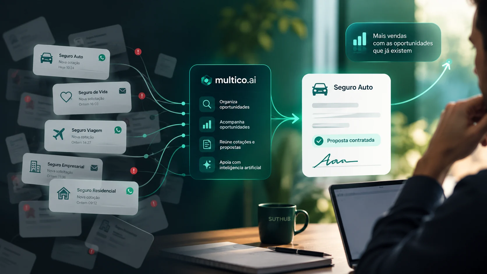 Cotações de seguros Auto, Vida, Viagem, Empresarial e Residencial organizadas pelo multico.ai até uma proposta contratada, com um corretor ao notebook