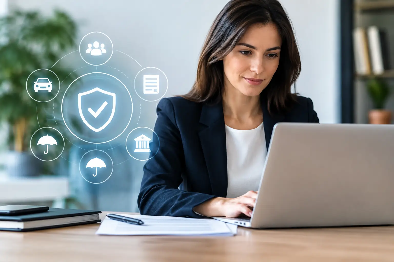 Profissional utilizando notebook com ícones de proteção e seguros, representando dados regulatórios do SRO